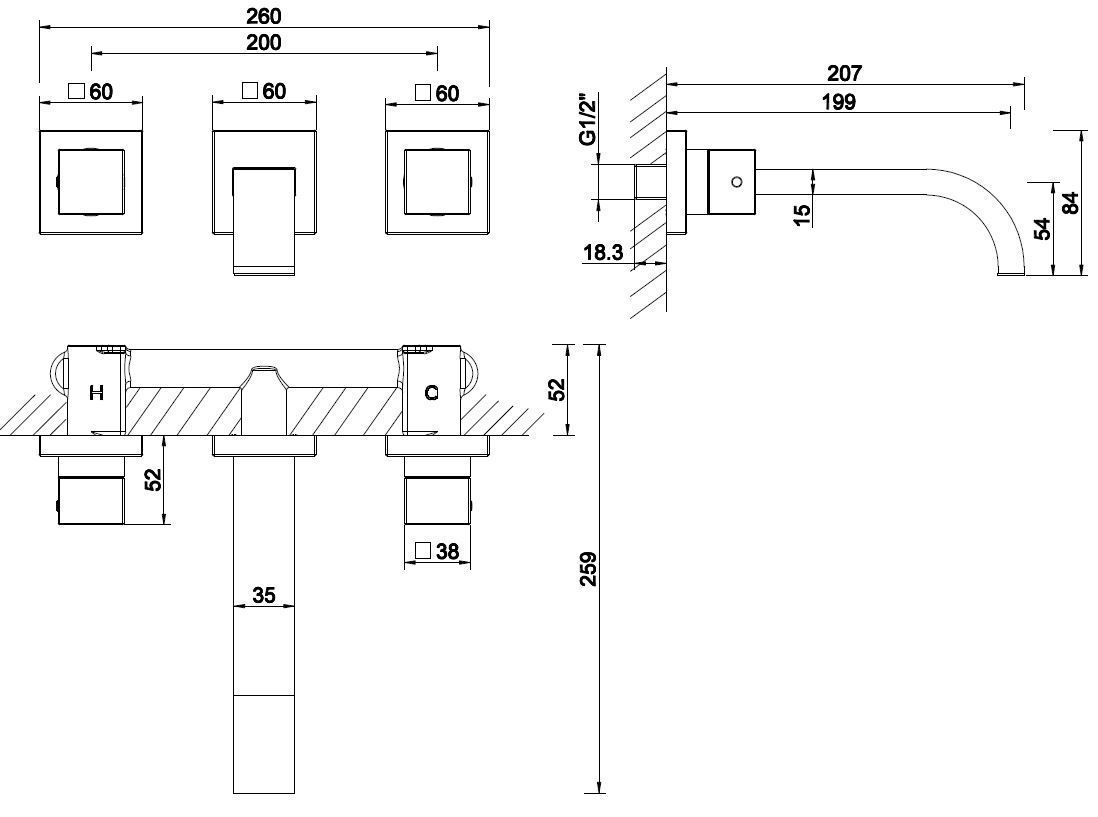 Mueller Cubo 2-knops wastafelkraanafbouwdeel RVS PVD