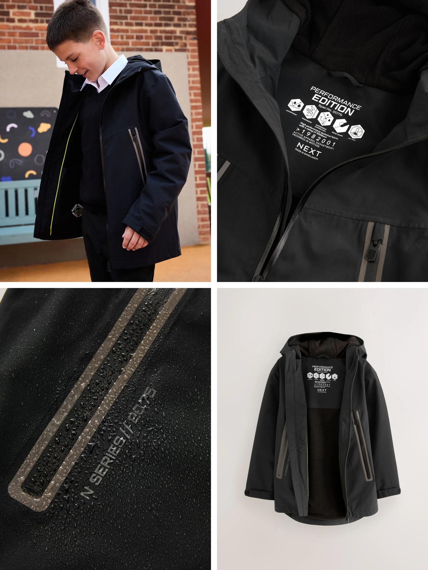 Zwart - Waterdichte jas met fleece voering en capuchon (3-17jr)