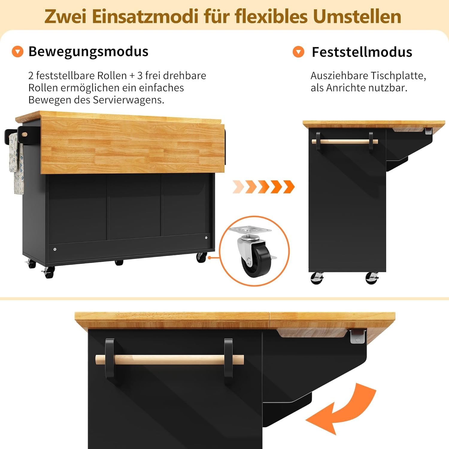 Kücheninsel, Schrank, Sideboard, Ausziehbarer Küchenwagen auf Rollen mit Handtuchhalter und Gewürzregal, verstellbare Einlegeböden, Schwarz