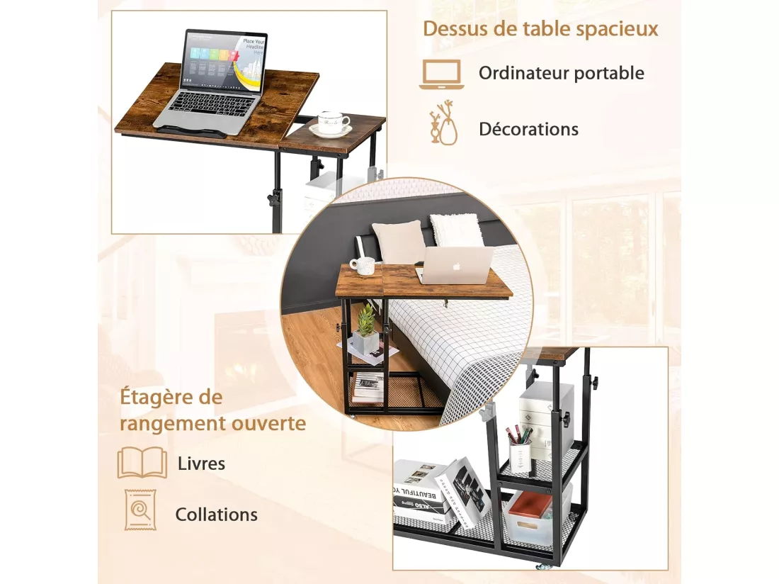 Table d’appoint en forme de c, plateau réglable, roulettes verrouillables, brun