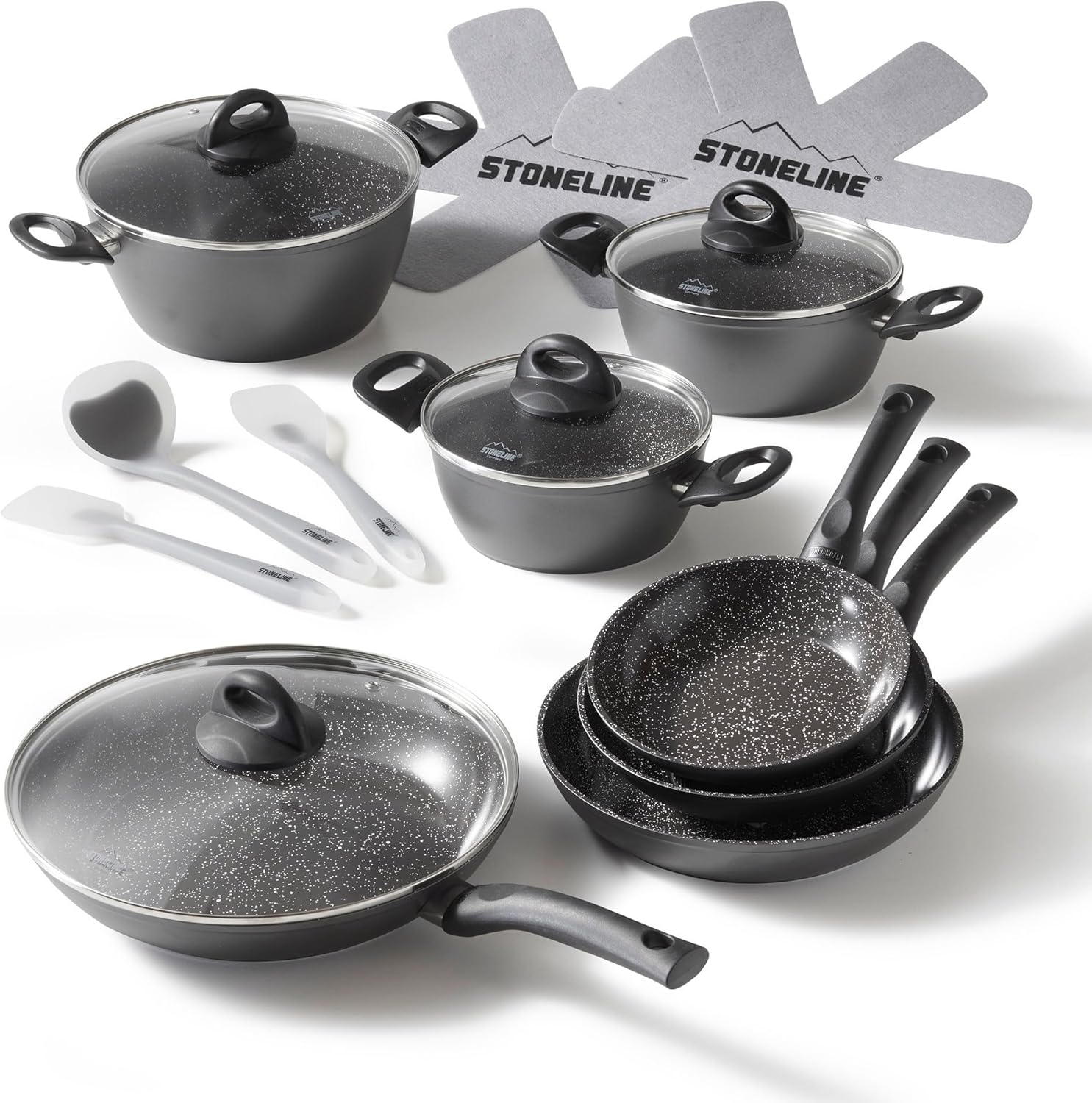 STONELINE Ceramic Keramikpfanne Töpfe Set 16 teilig 18/20/24/28 cm Töpfe Pfannen PFAS-frei Topfset Pfannenset Induktion Kochgeschirr Set mit Deckel Keramikbeschichtung mit echten Steinpartikeln, Grau