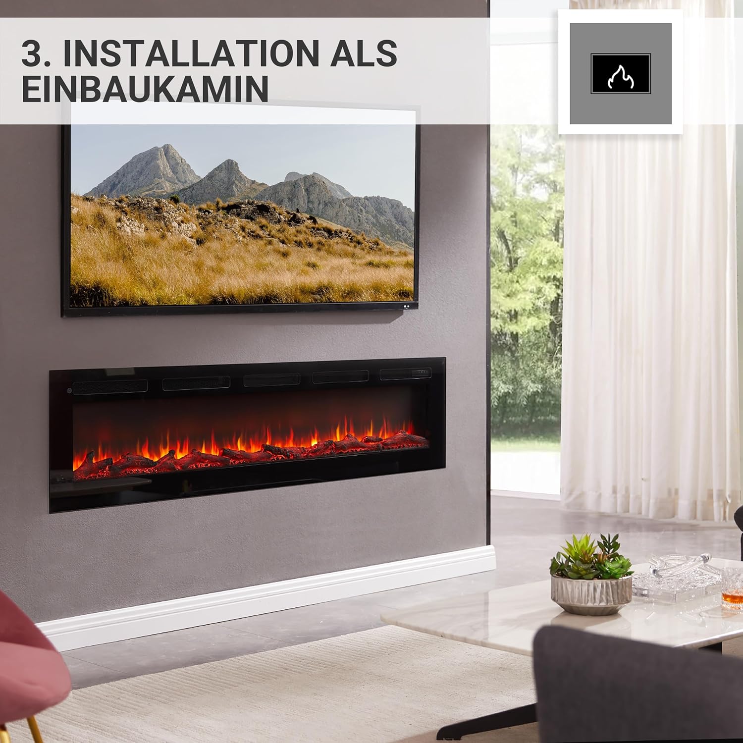 BALDERIA Elektrokamin Leif 70'' | Elektrischer Wand- oder Einbaukamin 3D-Flammeneffekt | Elektro Heizung 1800W | Kamin mit Fernbedienung, Startsteuerung, Timer & Thermostat | Schwarz