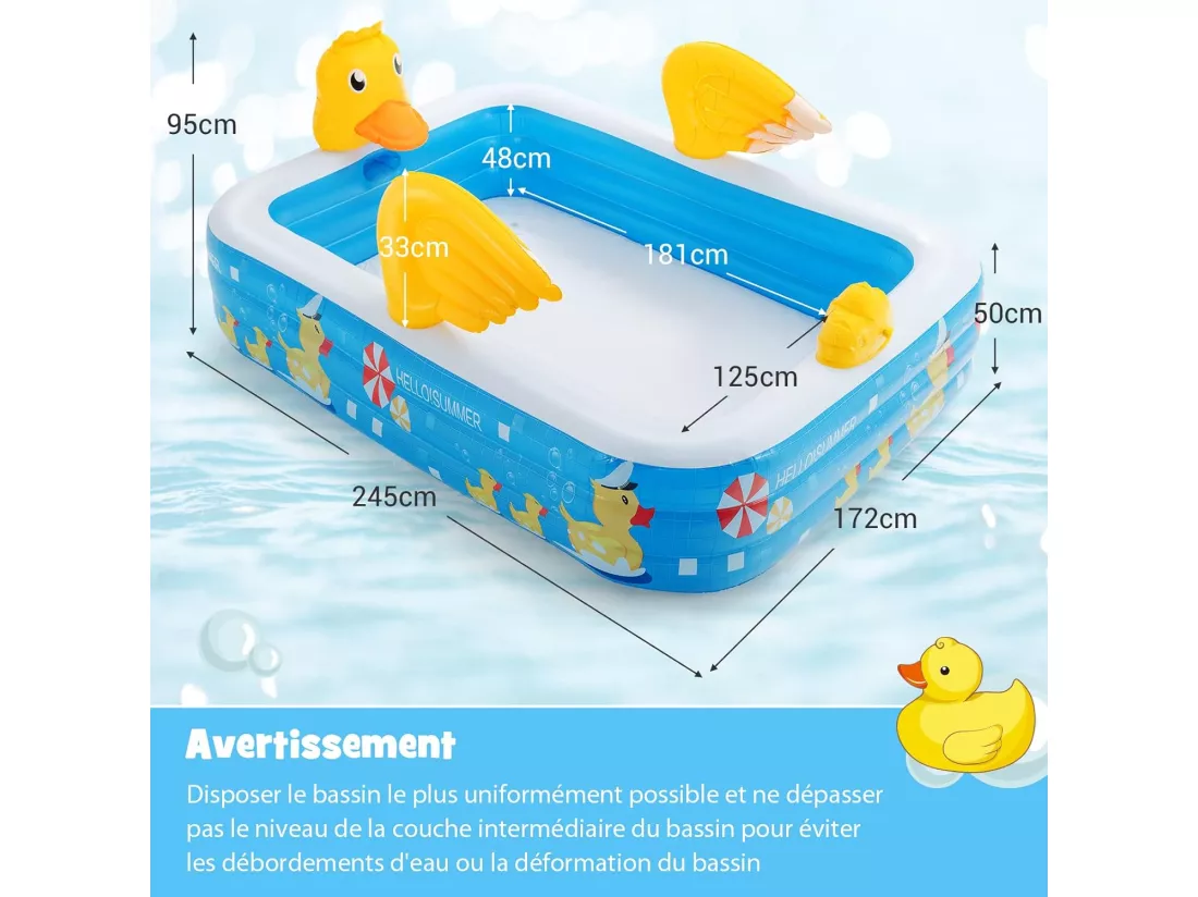 Piscine Gonflable Rectangulaire, Piscine Familiale pour Enfants et Adultes, Piscine Gonflable sur Le Thème du Canard pour Cour, Jardin, à partir de 3 Ans