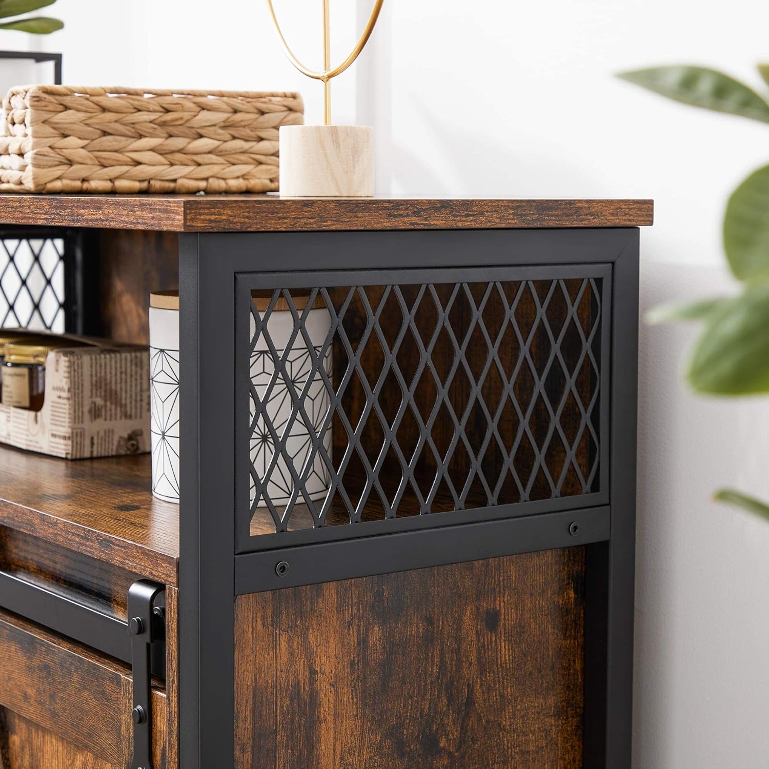 VASAGLE Aufbewahrungsmöbel, Sideboard, mit Schiebetür, offenes Fach, verstellbares Regal, industrieller Stil, für Eingang, Wohnzimmer, Küche, Büro, rustikales Braun und Schwarz LSC089B01