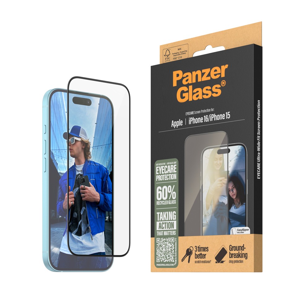 PanzerGlass - EyeCare Skærmbeskyttelse - iPhone 16 - Ultra Wide Fit