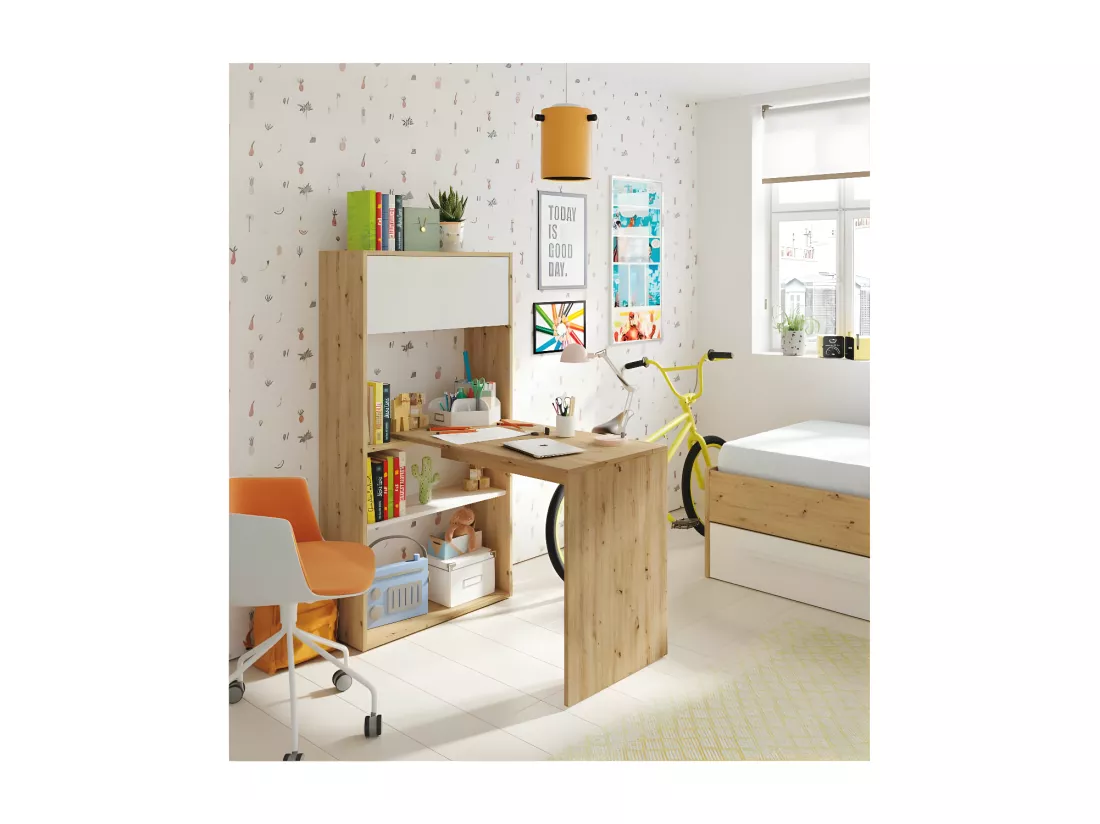 Bureau modulable avec étagères Blanc/Chêne - AIKI