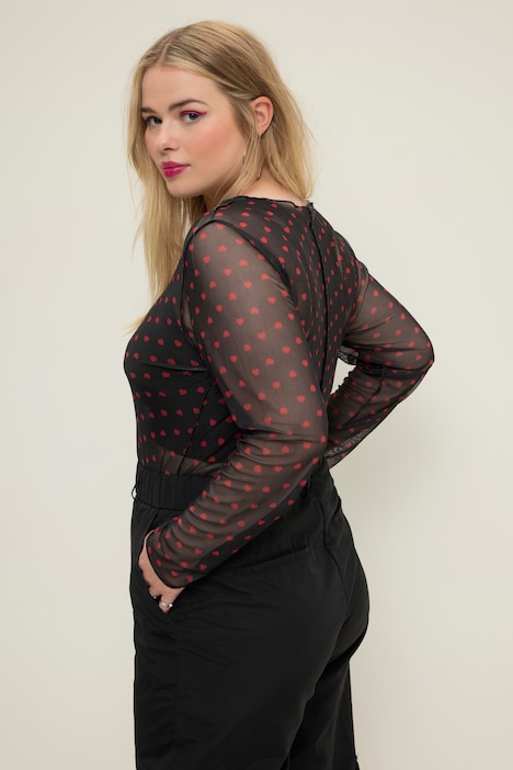 Mesh-Longsleeve, Regular Fit, Heart-Print, Rundhals