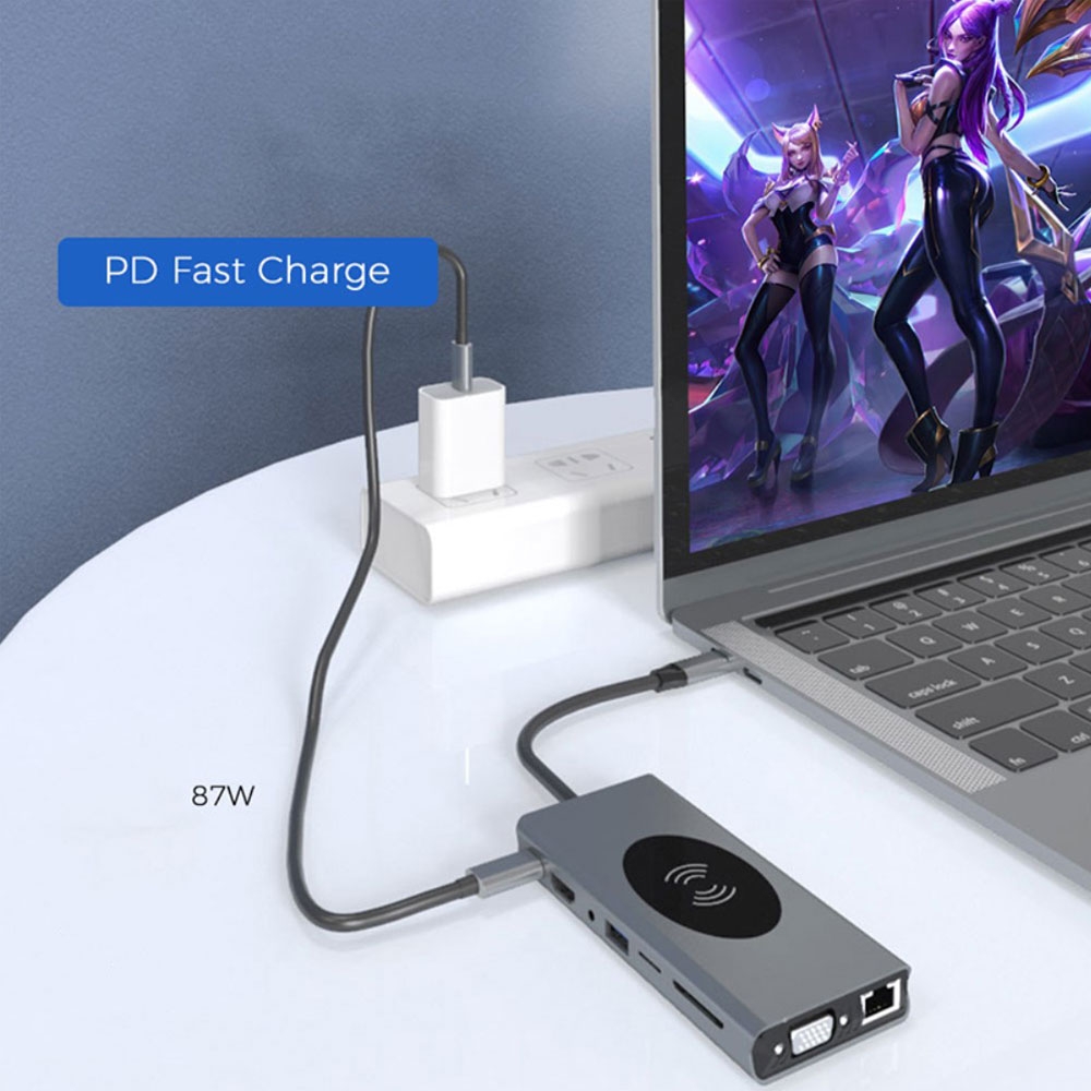 14in1 USB C Multiport Adapter mit Qi-Charger / 2x 4K HDMI / VGA / USB C / 5x USB 3.0 / LAN / 3.5mm Audio / SD & Micro SD Kartenlesegerät - Grau