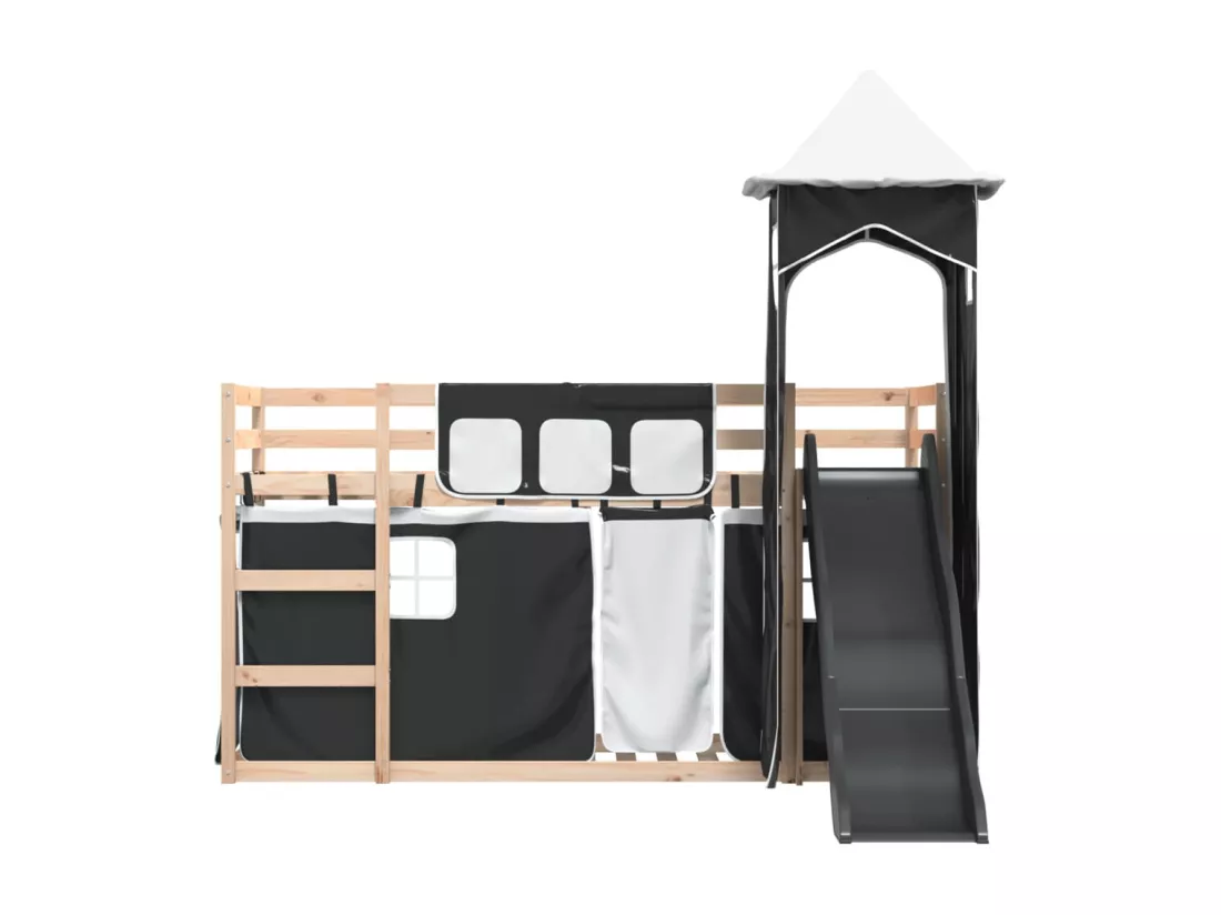Lit superposé avec toboggan et rideaux blanc et noir 90x200 cm