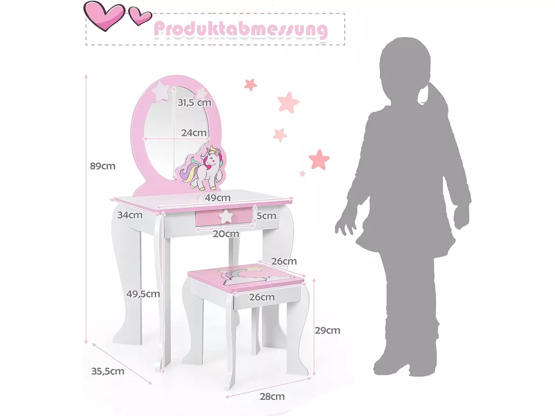 Coiffeuse pour enfant table de maquillage avec tabouret, 1 tiroir de rangement style princesse