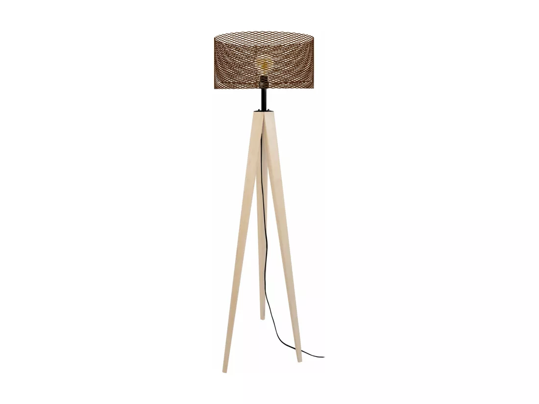 Lampadaire trépied bois métal marron 160 cm.