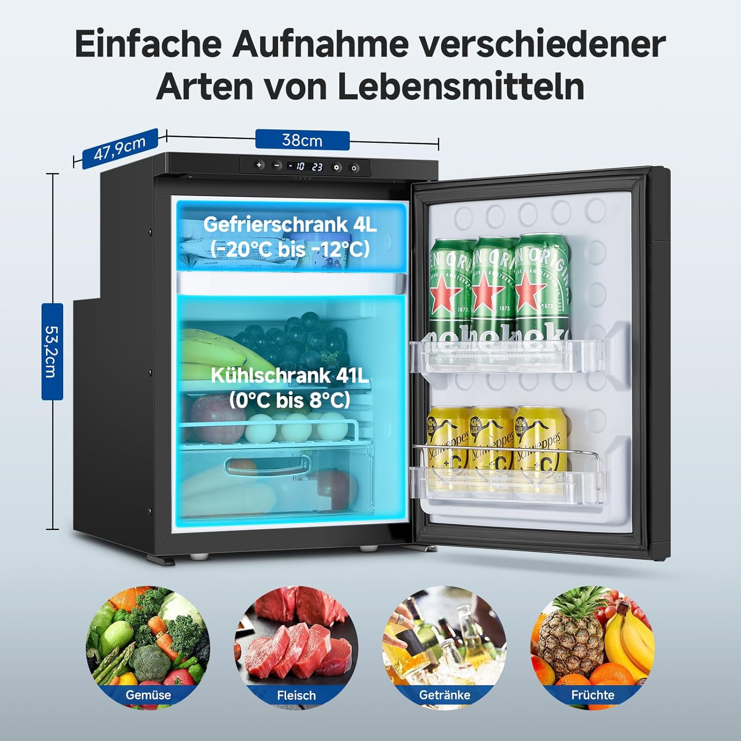 AAOBOSI 45L Kompressor Kühlbox, Wohnmobil Kühlschrank mit APP-Steuerung, 12/24V DC, Kühlbox Auto mit LED-Leuchten, bis -20℃ Kompressor Kühlschrank für Auto, LKW, Boot, Reisemobil, Camping und Reisen