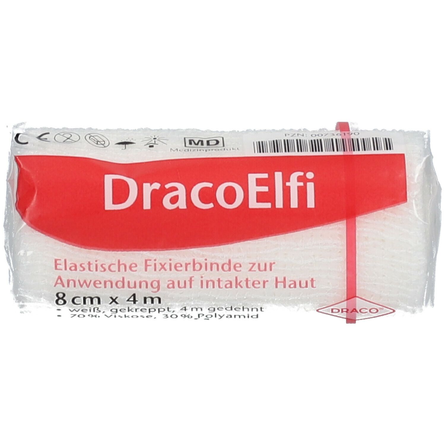 DracoElfi elatische Fisxierbinde 8 cm x 4 m cellophaniert