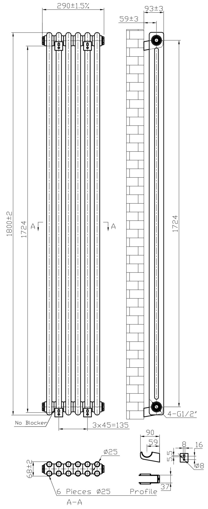 Eastbrook Imperia 2 koloms radiator 30x180cm 1078W zwart mat