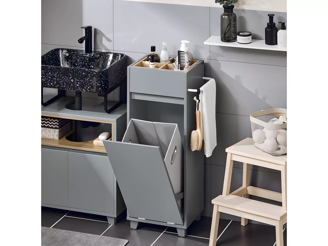 SoBuy Armoire à Linge Meuble Bas de Salle de Bain Corbeille à Linge Meuble de Rangement avec 4 Petits Compartiments Ouverts et 1 Panier à Linge Amovible, Gris, 35x30x90 cm, BZR159-DG