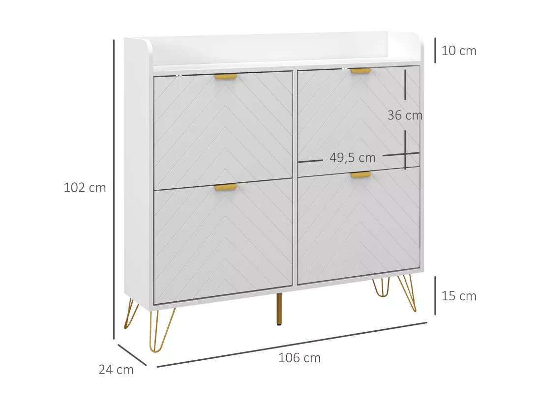 Meuble à chaussures 4 abattants style art déco - dim. 106L x 24l x 102H cm - acier doré MDF blanc