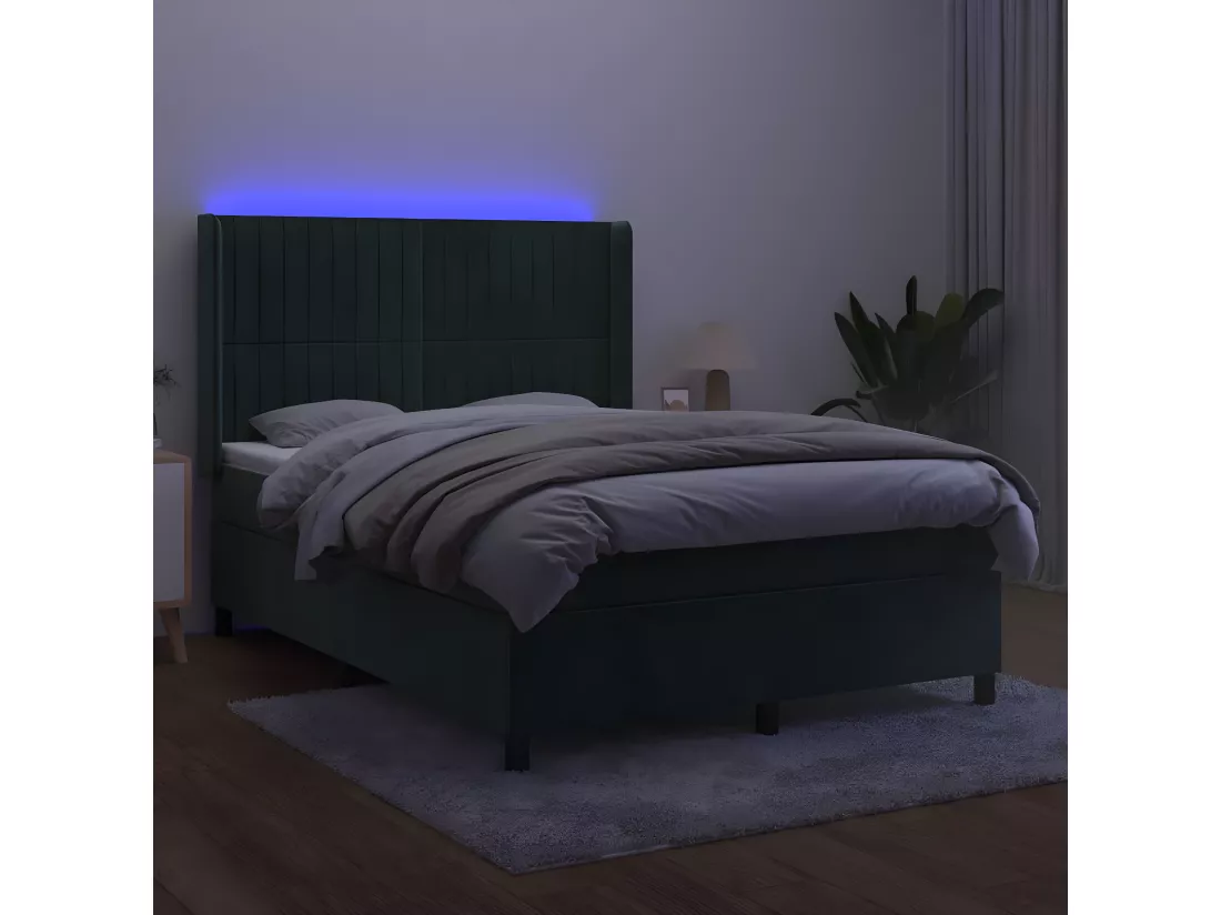 Sommier tapissier matelas et LED Vert foncé 140x200 cm Velours