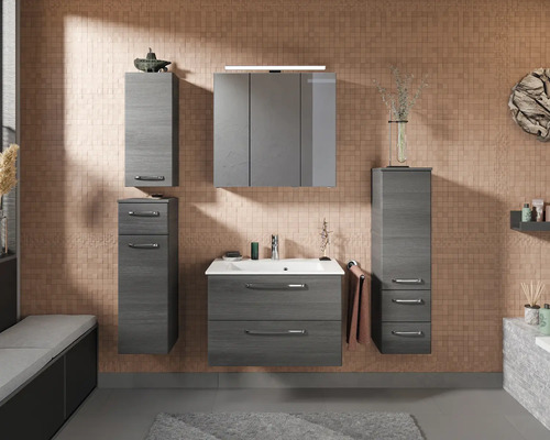 Pelipal Kumba badkamermeubelset (B x H x D): 137 x 200 x 50 cm, grafiet getextureerde fronten, 5-delige set inclusief mineraal gegoten wastafel, halfhoge kast, onderkast en bovenkast (99.770126193)