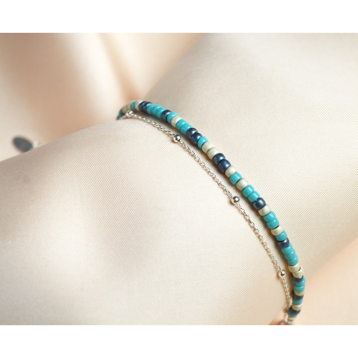 Bracelet femme double rang en argent 925 avec perles de rocaille