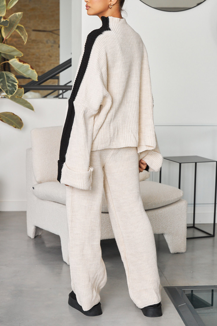 Ensemble 2 pièces pull + pantalon en maille beige/noir
