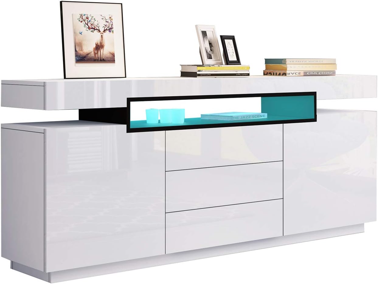 LED Sideboard für Wohnzimmer Hochglanz Buffet Schrank Vitrine 160cm TV Einheit Stand 2 Türen 3 Schubladen TV Lowboard Möbel (Weiß)