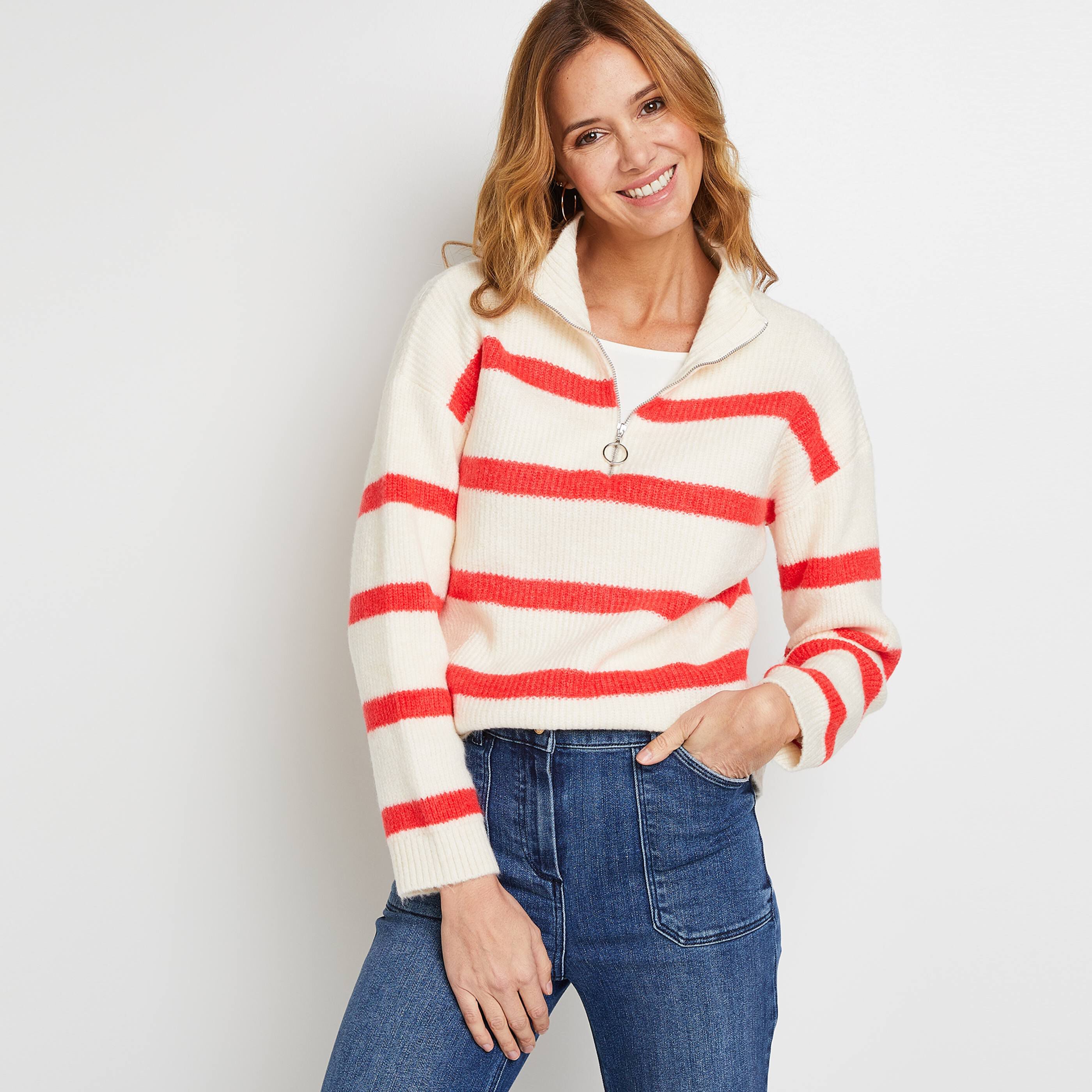 Pull rayé col camionneur femme - BLANC