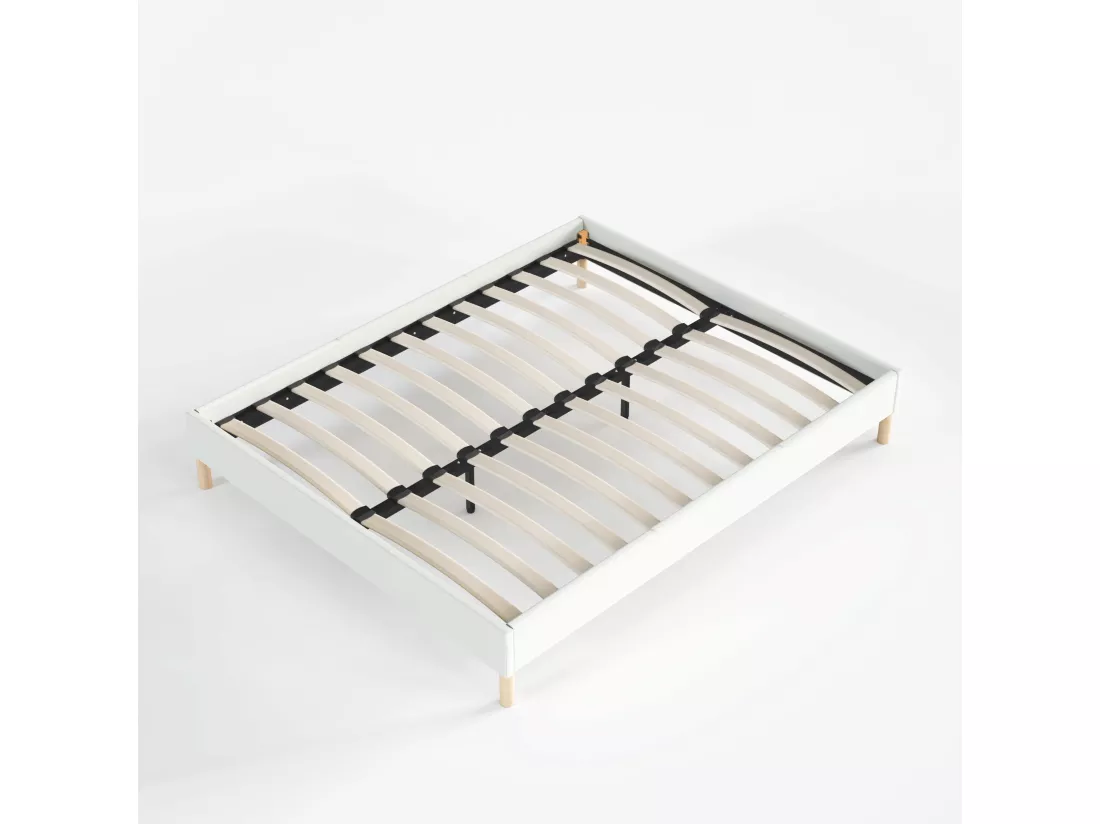 Sommier 140x190 cm, Revêtement en tissu Blanc Crème, Pieds en bois