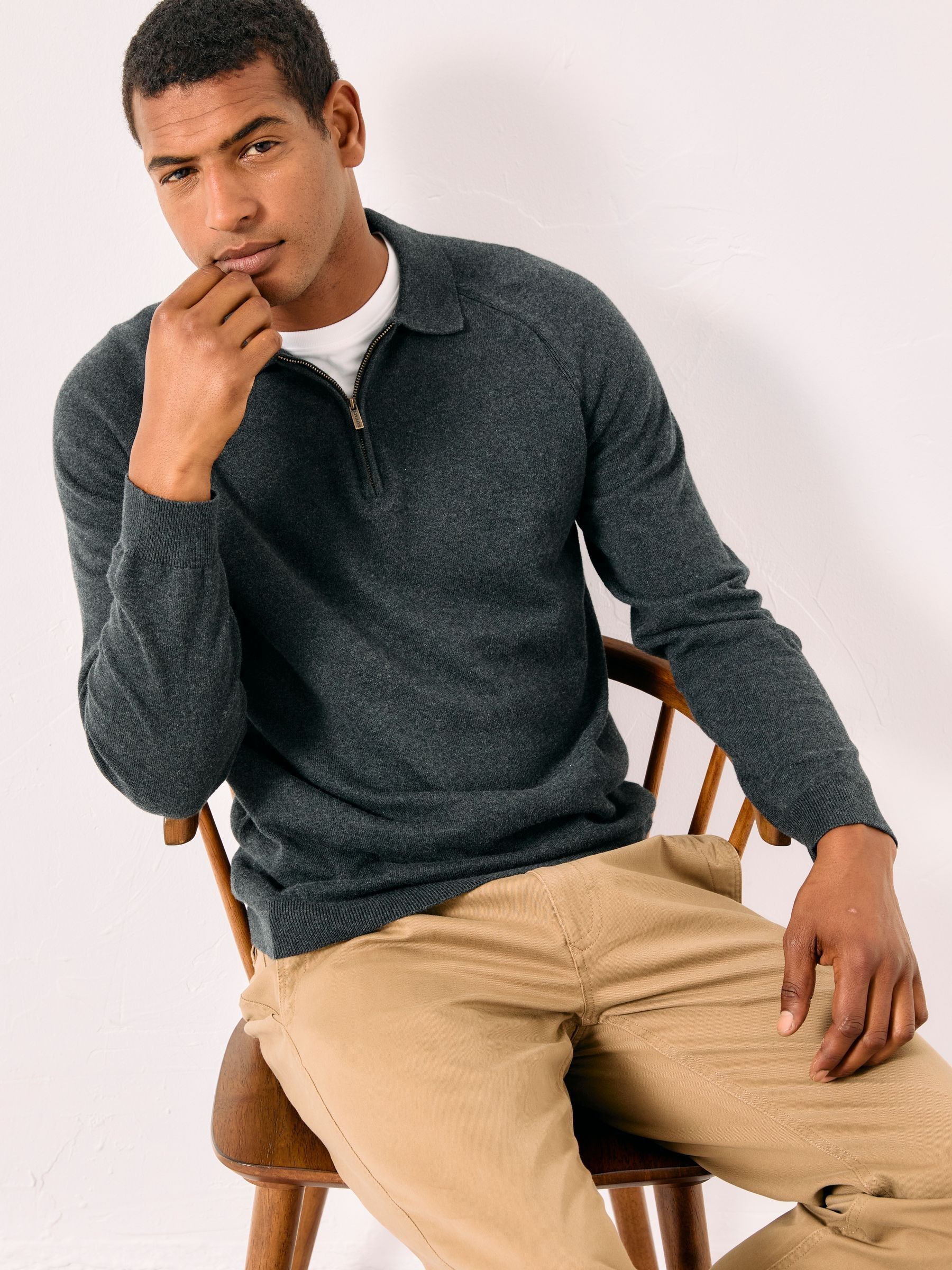 Antraciet - FatFace Zip Collar Knitted Polo Jumper