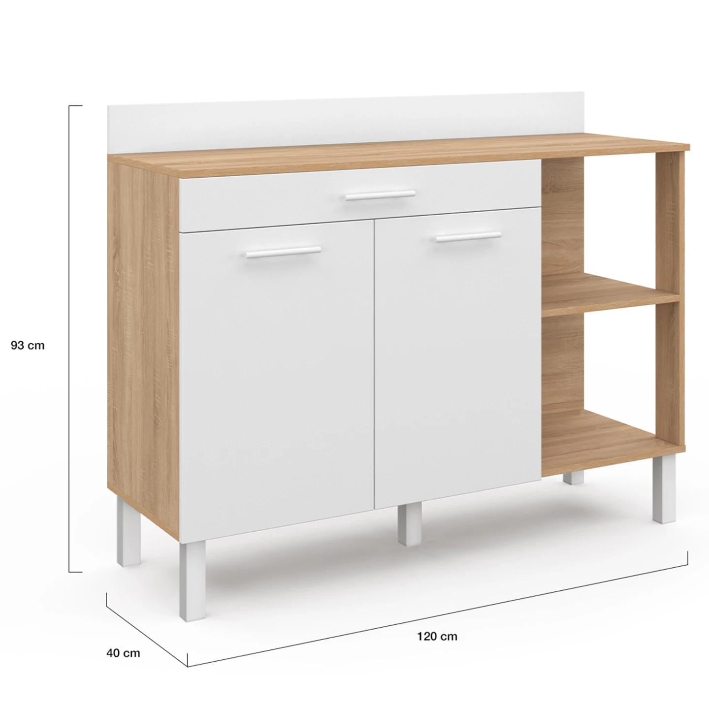 Buffet bas de cuisine 120 cm CINA plan de travail H.83 cm 2 portes + tiroir façon hêtre et blanc