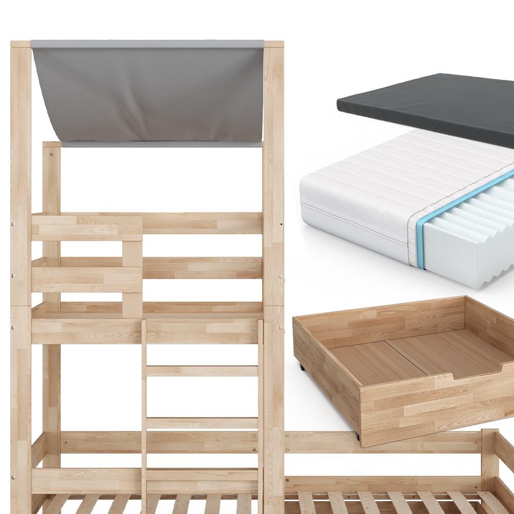 VitaliSpa Spielturmbett Kinderbett Spielbett Tom Natur modern 204x218 cm Massivholz Kinderzimmer Lattenrost Bettleiter Bett Schublade Matratze Abenteuerbett Kletterbett