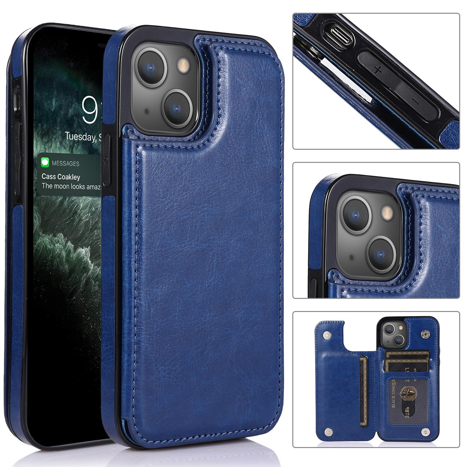 iPhone 14 Hybrid Leder Hülle mit Kartenfach   Kickstand Aufsteller - Blau