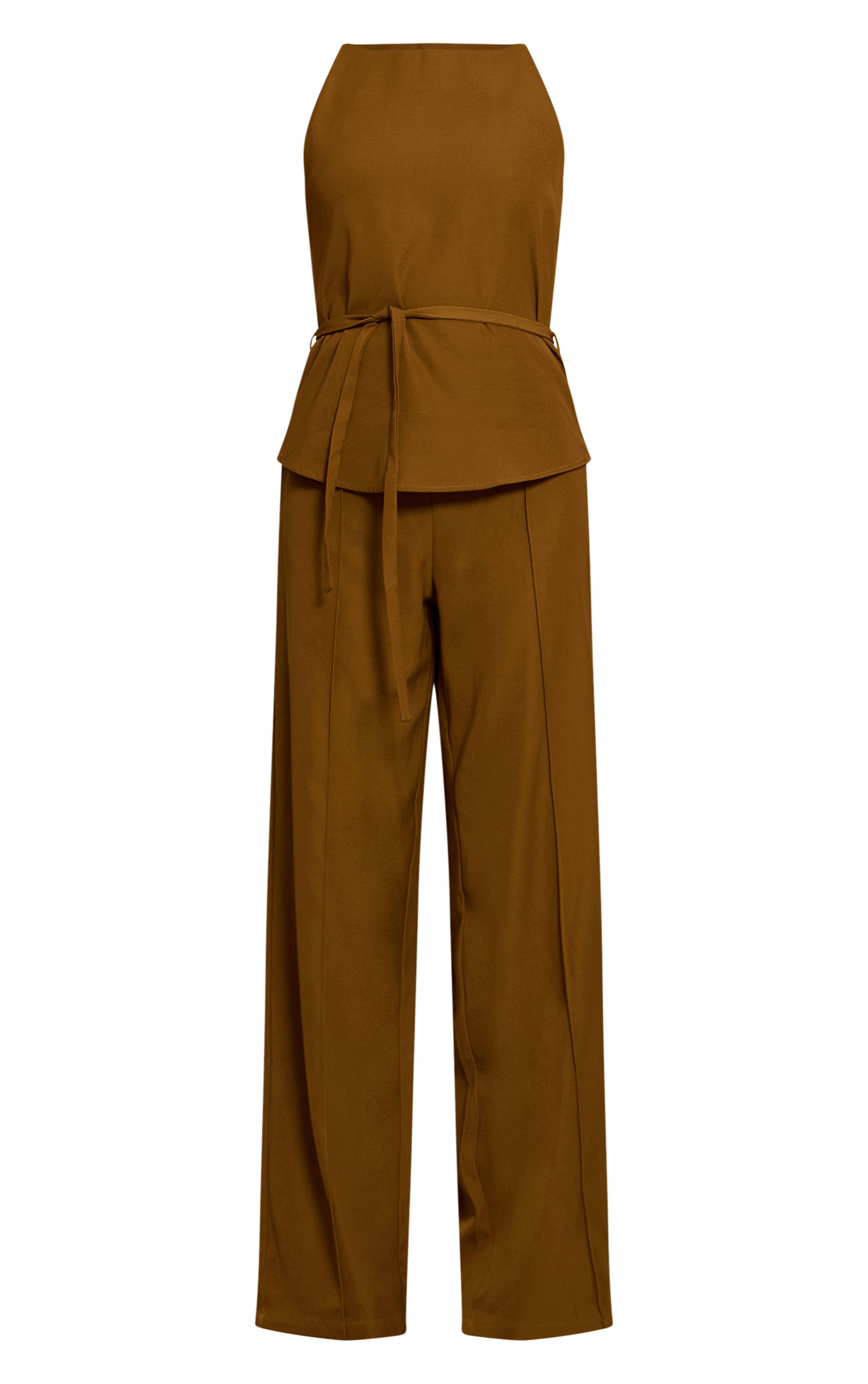 Kaki Combinaison Pantalon Droit En Tissu Tissé Avec Ceinture Nouée