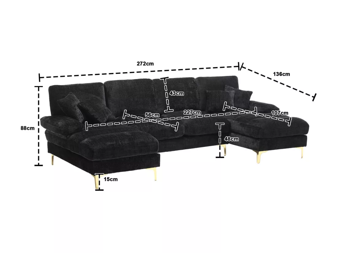 Canapé d'angle 4 places, 272x136x88cm,Grand canapé en forme de U, moderne, en tissu chenille, noir