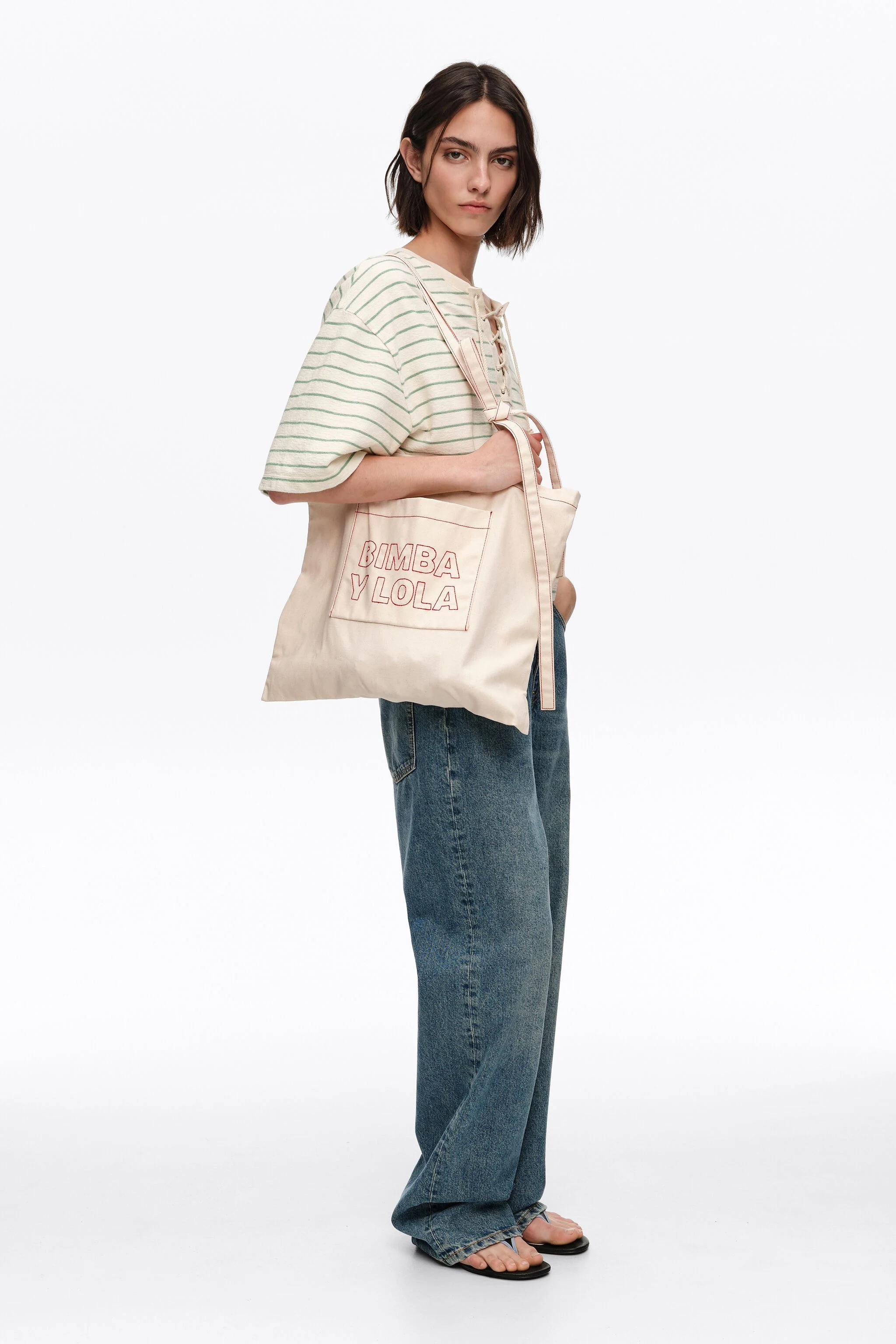 Bolsa grande de lona de algodão cor creme