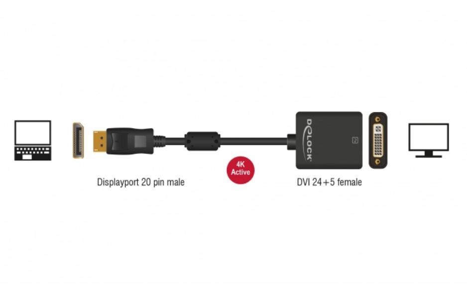 Adapterkabel DP - DVI-I, 4K SchwarzAdapterkabel, 4K DisplayPort-Stecker auf 4K DVI-I-Buchse