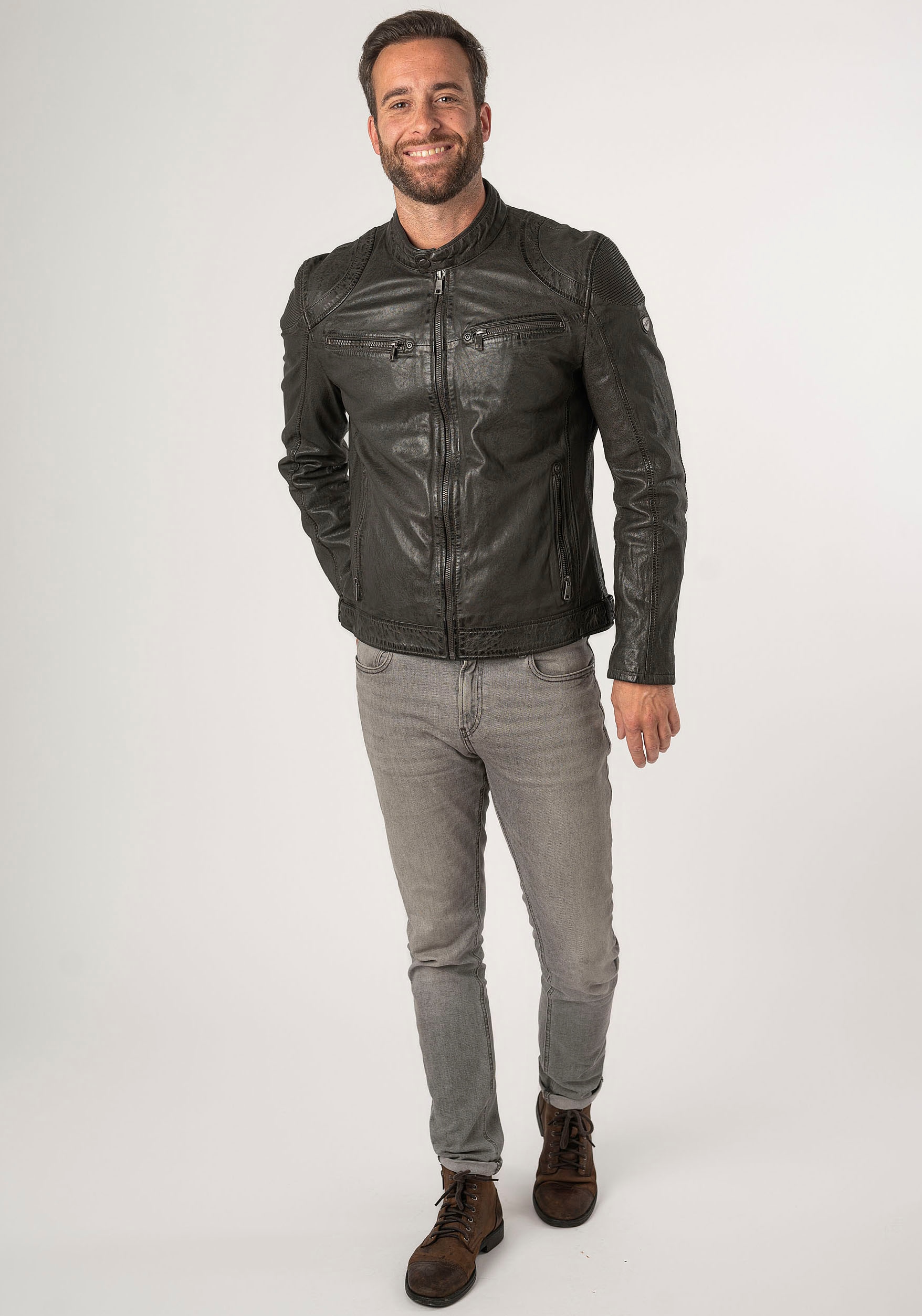 Mauritius Lederjacke »MMCollins« mti Reissverschluss, Stehkragen, Ziersteppung