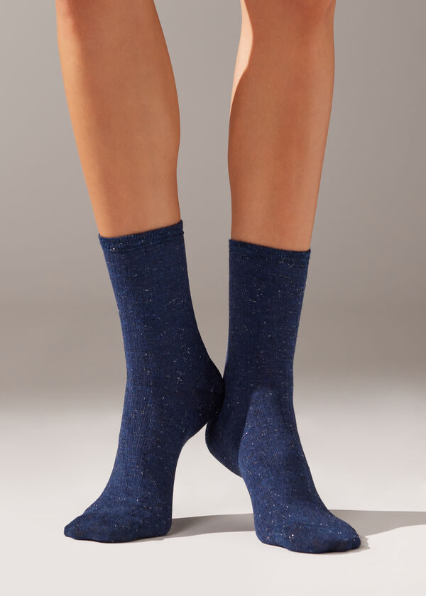 Meias curtas caneladas com glitter e cashmere.