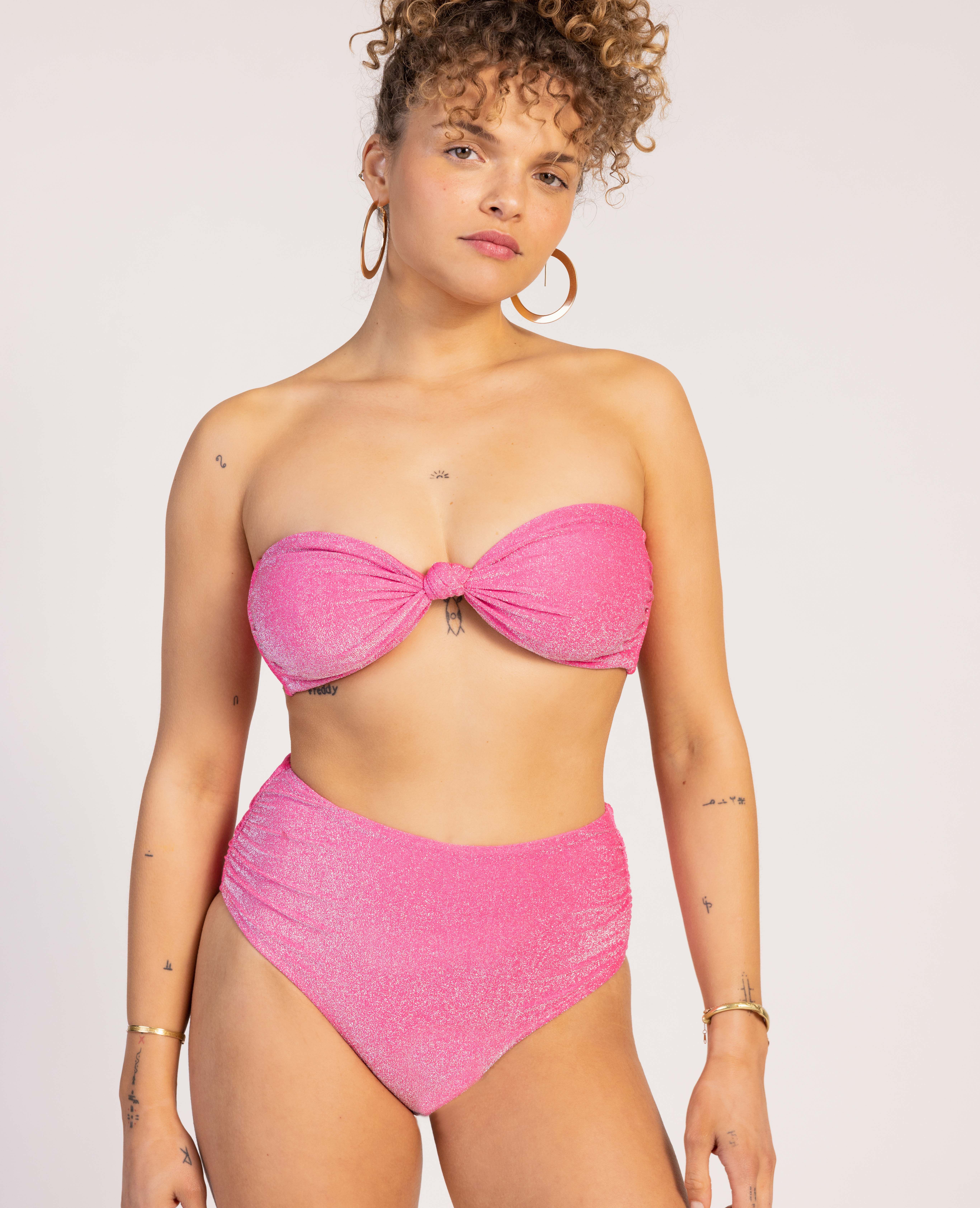 Bas de maillot culotte haute avec fronces - Rose