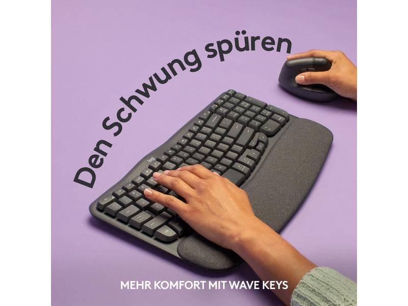 Logitech Tastatur Wave Keys Kabellose ergonomische Tastatur mit gepolsterter Handballenauflage