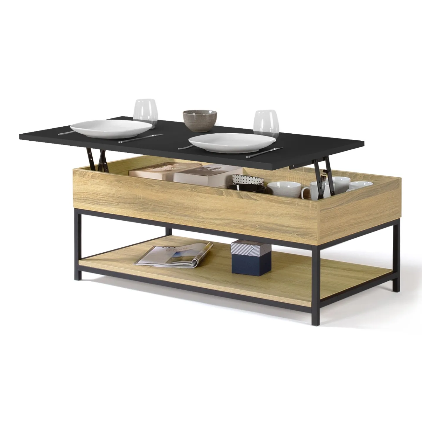 Table basse plateau relevable intégral rectangulaire BOSTON et étagère inférieure design industriel