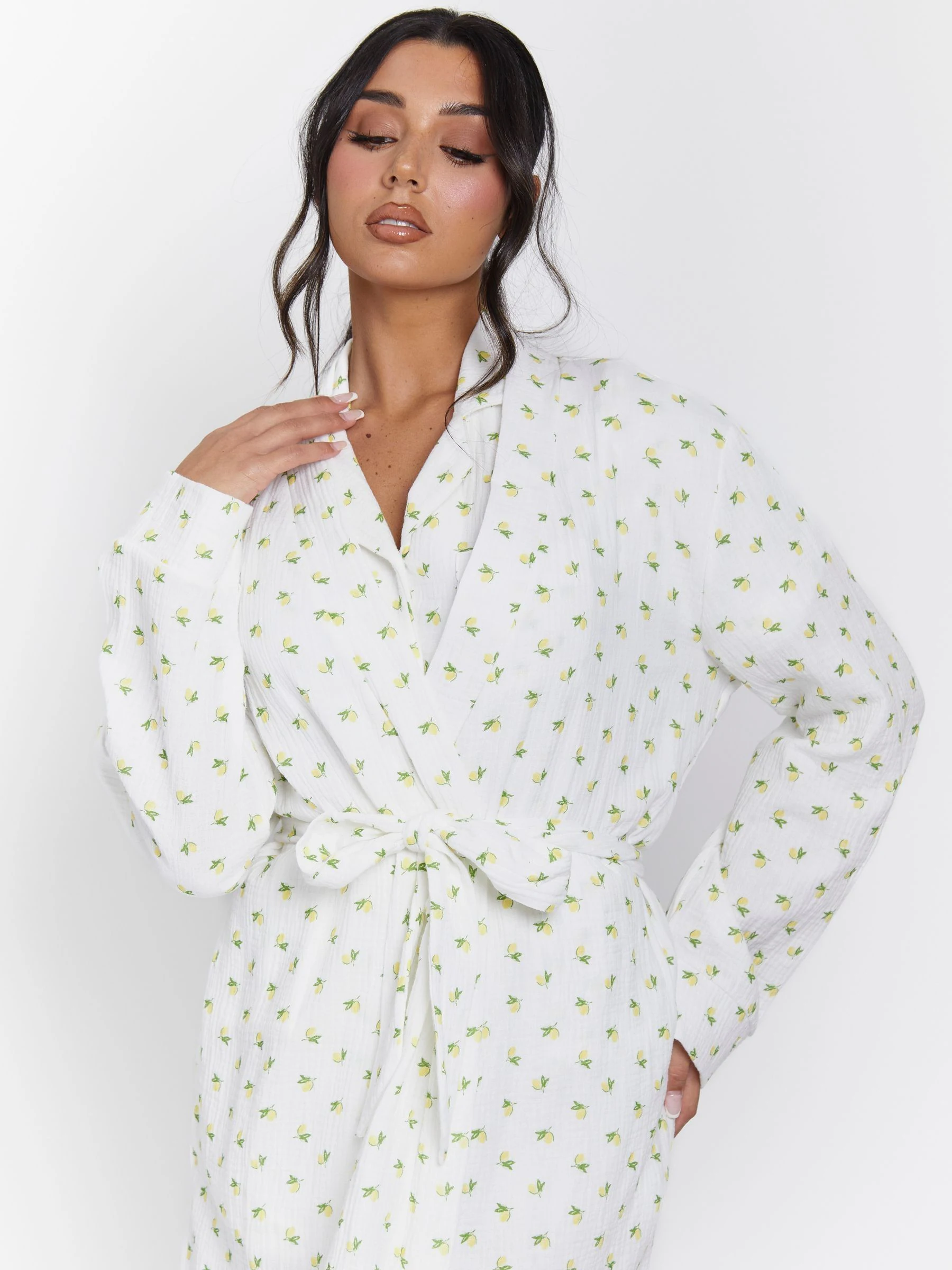 Loungeable Lemon Print 100% Cotton Waffle Robe