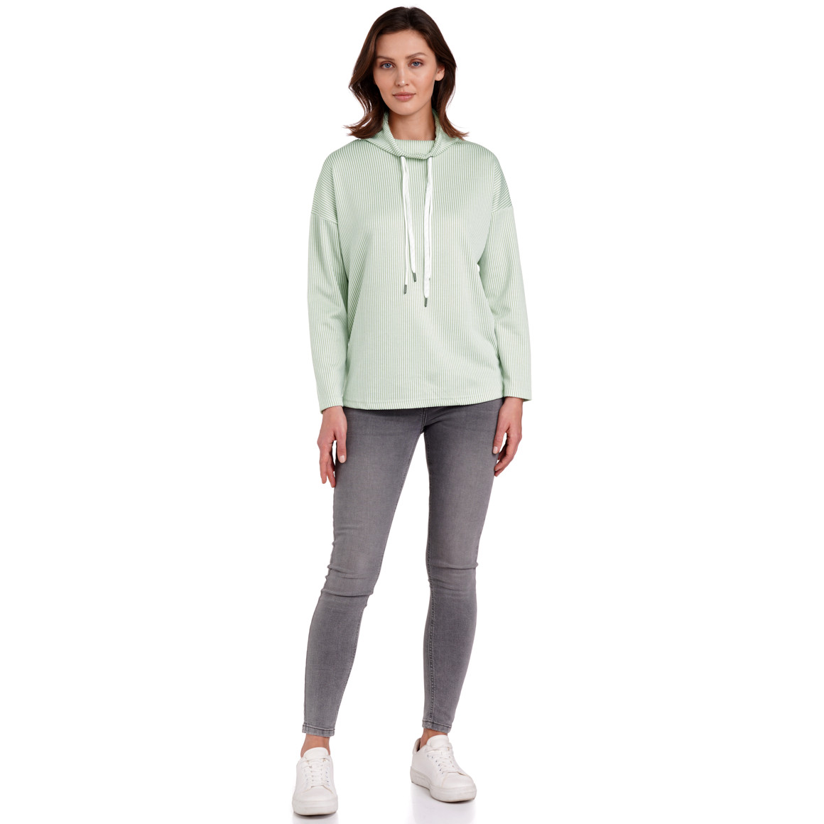 Gina Benotti Damen Sweatshirt mit Schalkragen hellgrün / weiss