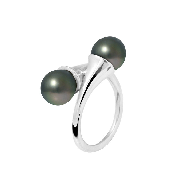 Bague Double Perles de Tahiti 8 mm et Argent 925/1000