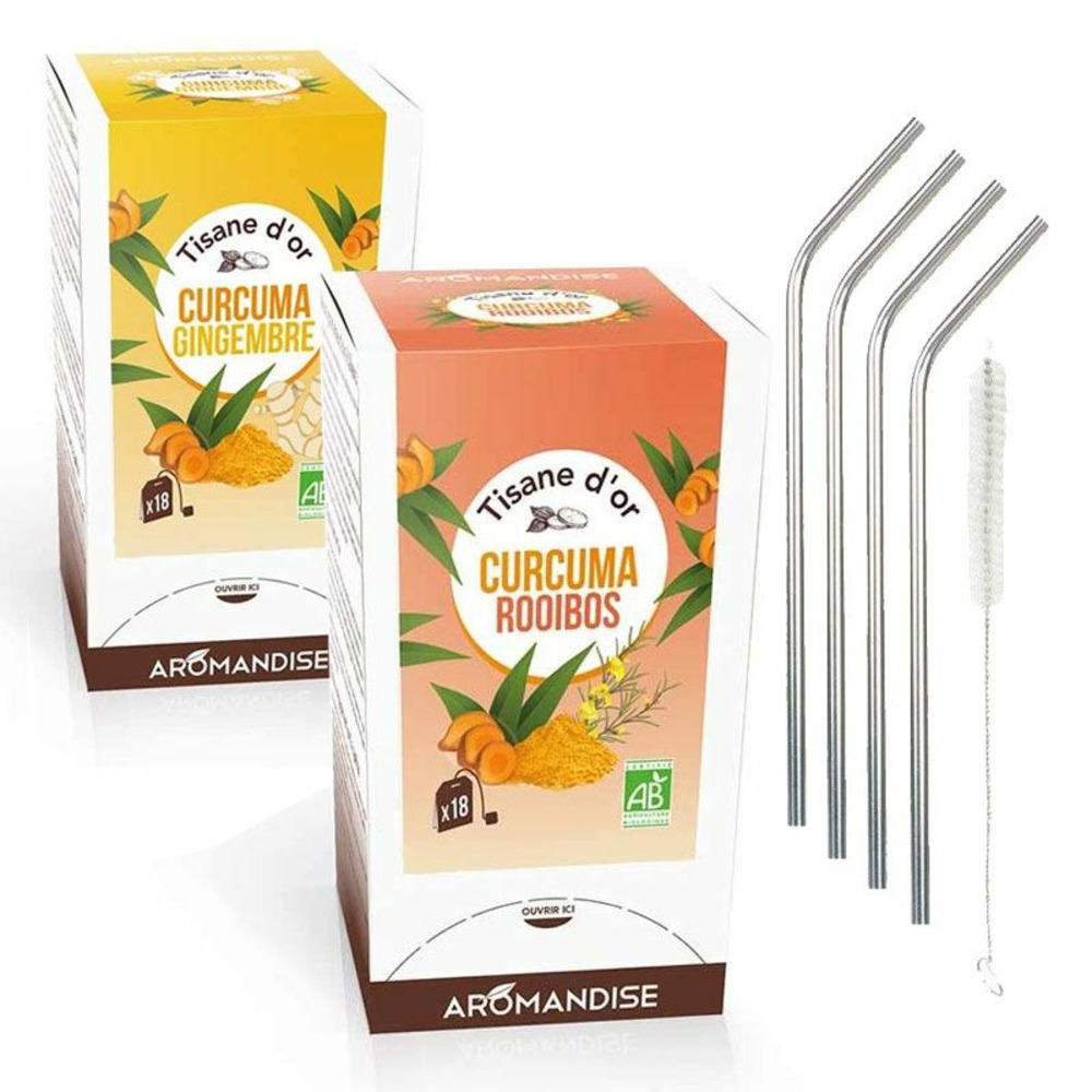 2 tisanes bio curcuma-gingembre-rooibos 40 sachets + 4 pailles en inox