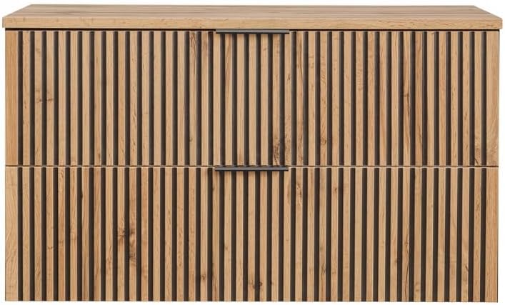 Set XO Schwarz Eiche Wotan: Unterschrank 120 cm mit 2 Schubladen + 35x140 cm Seitenschrank Hängeschrank Badschrank Badezimmerschrank Soft-Close Badmöbel-Set Geriffelte Fronten