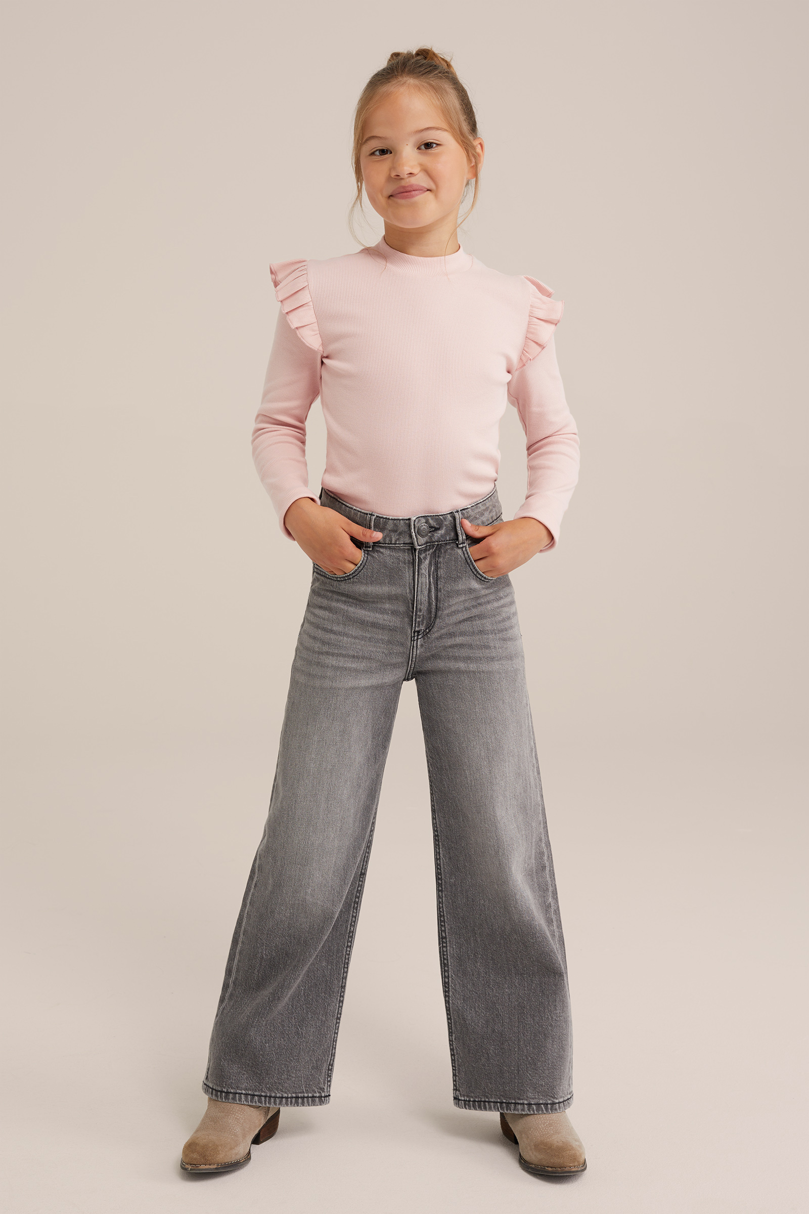 Meisjes geribd T-shirt met ruches WE Fashion Lichtroze