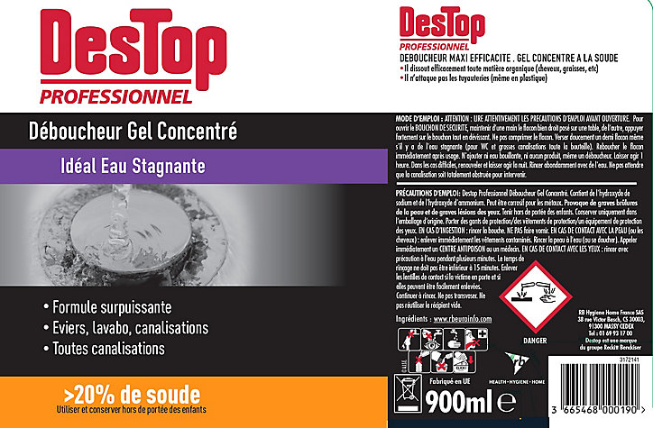 Déboucheur gel épais Detop professionnel 900ml