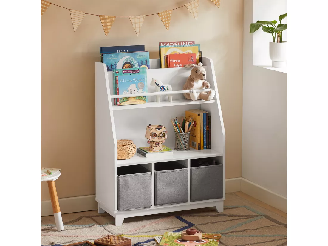 Bibliothèque Rangement Jouets pour Enfants avec Compartiments de rangement et 3 Paniers, KMB34-W