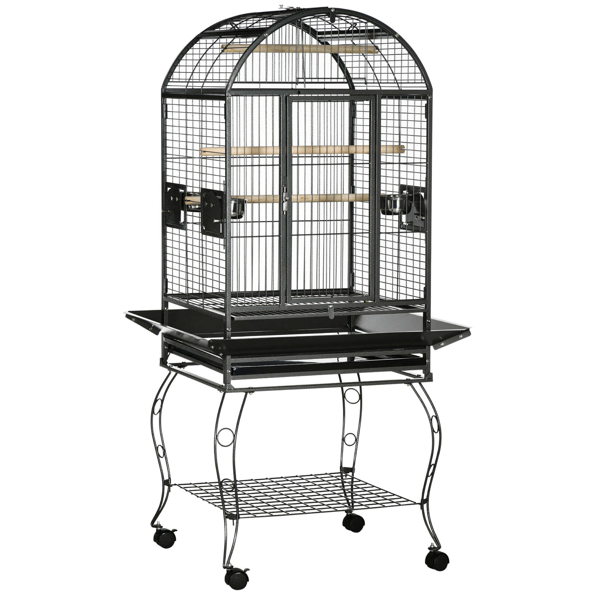 Gaiola para pássaros PawHut, viveiro de metal para pássaros, 80x76,5x168 cm com 2 portas, teto articulado, poleiros, bandeja removível, 2 comedouros e 4 rodas, cinza escuro.