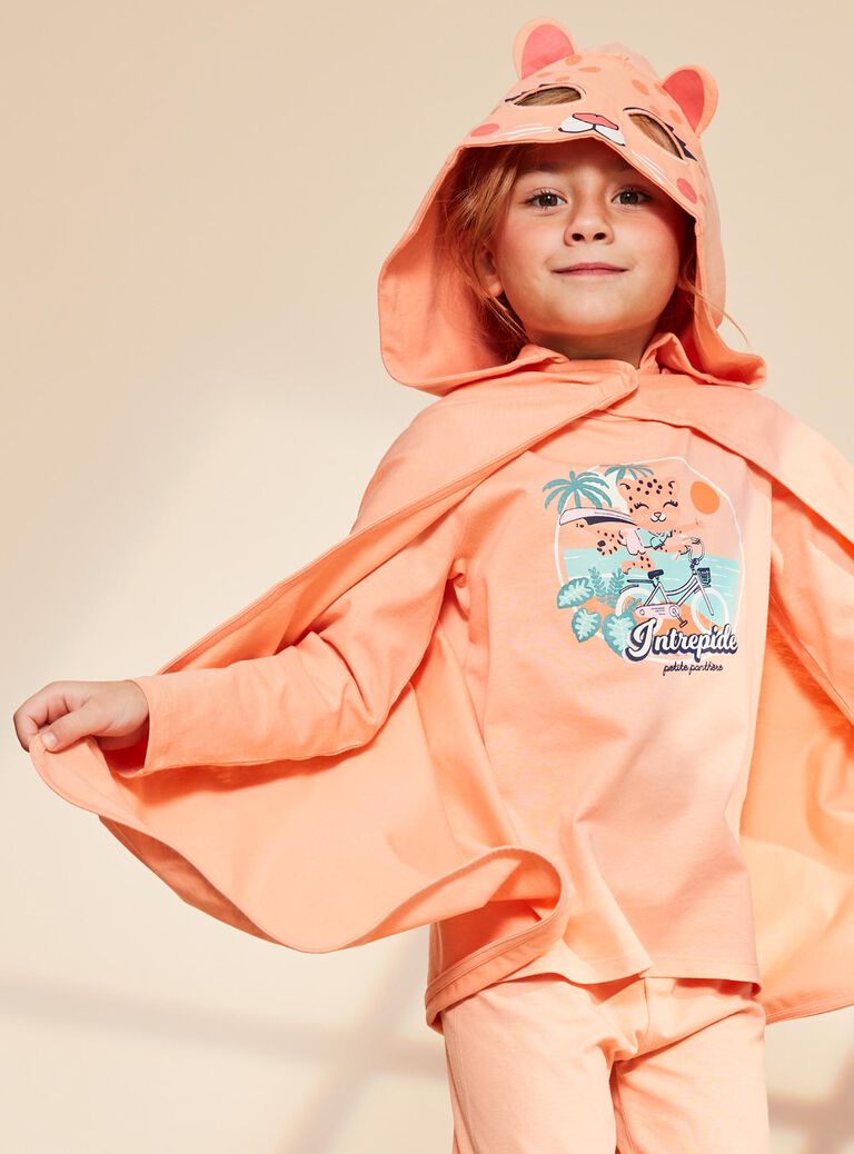 Pyjama deux pièces orange pâle en coton avec cape tête de panthère